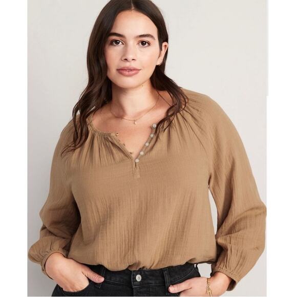 Old Navy Brown Gauzy Cotton Button Peasant Top Size L - Picture 1 of 10
